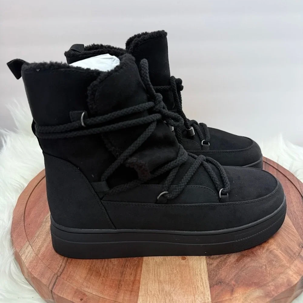 MIA Disa Black Women 7.5M Faux Suede Faux Fur Lined Platform Lace Up Boots NEW
